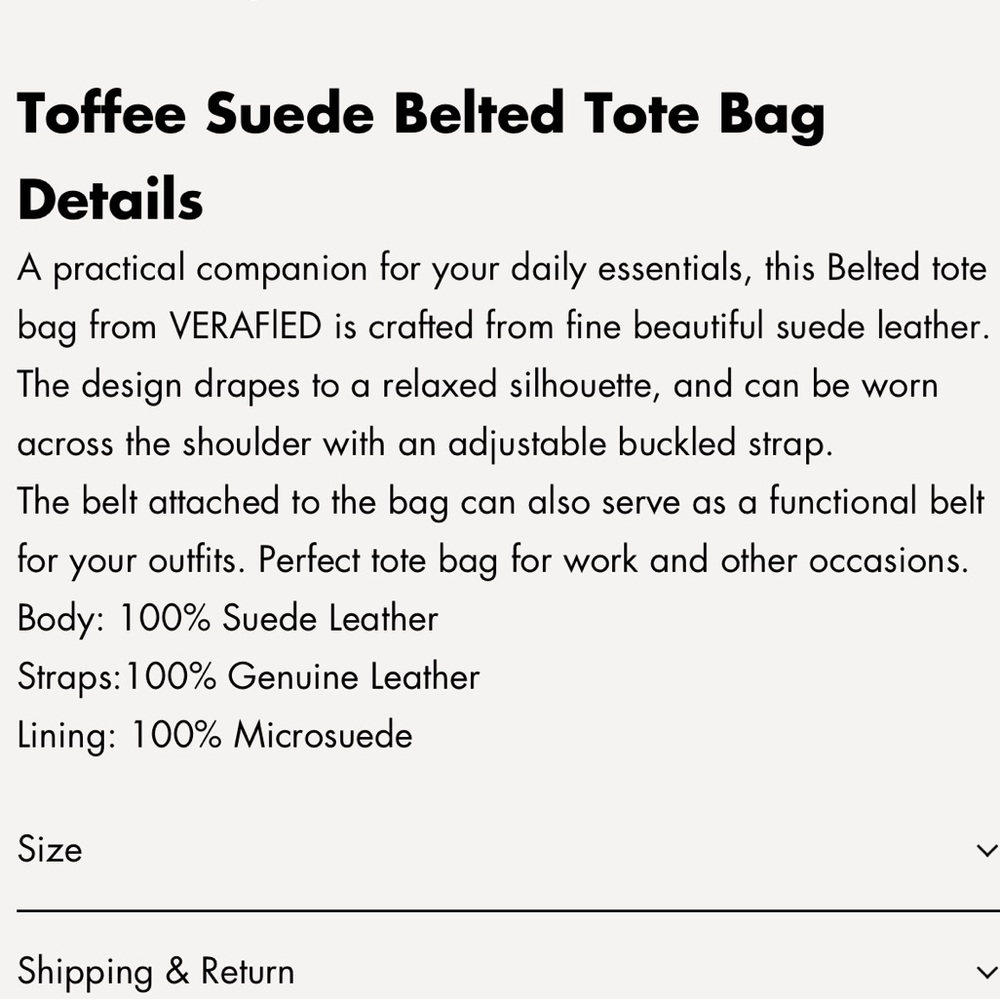 Verafied Toffee Genuine Suede Belted Tote Bag - Picture 14 of 14